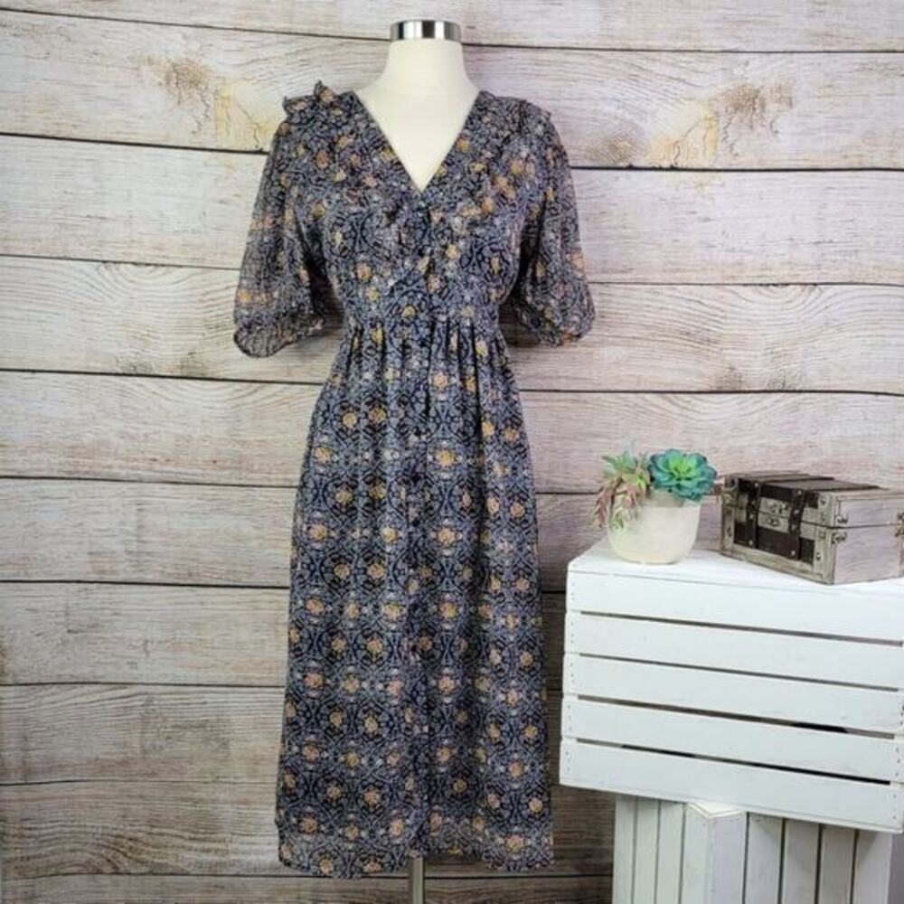 Object Puff‎ Sleeve Button V Neck Paisley Dress 38